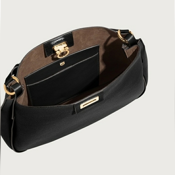 Salvatore Ferragamo-Gancini reverse grainy leather hobo shoulder bag in Black - Picture 3 of 15